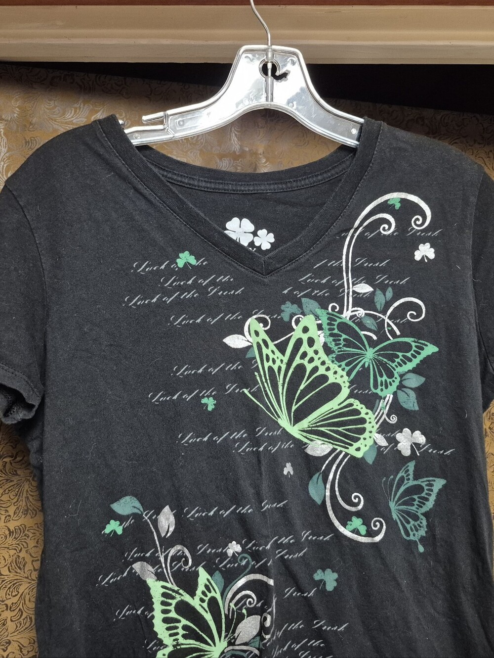 Lucky Brand Women's Black V-Neck Tee with Green Butterfly Motif
